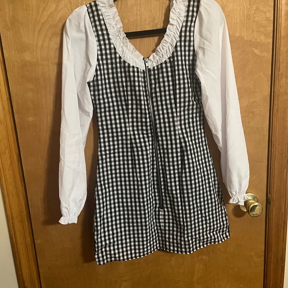 Black and White Gingham Mini Dress with Ruffled Collar - Picture 8 of 11